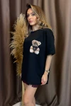 Siyah Ön Ve Arka Ayıcık Baskılı Love Ny 2 İplik Örme Tişört BCCL-253007