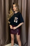Siyah Ön Ve Arka Ayıcık Baskılı Love Ny 2 İplik Örme Tişört BCCL-253007
