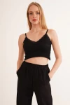 Siyah Pamuklu Kaşkorse İp Askılı Dantelli Crop Bluz CO-2523254275