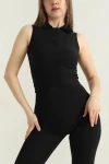 Siyah Polo Yaka Sıfır Kol Kaşkorse Yazlık Bluz BCCL-253005