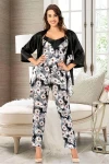 Siyah Saten Dantel Detaylı SabahlıkLı 3 Lü Pijama Takım BCAN-254910FA