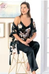 Siyah Saten Dijital Baskılı Çiçek Desenli 3Lü Pijama Takımı BCAN-252315FA