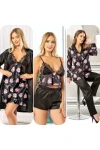 Siyah Saten Gecelik Sabahlık Pijama Takım Şort Takım 6Lı Gelin Çeyiz Seti BCAN-256FA