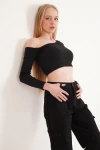 Siyah Tek Omuz Dekolteli Uzun Kol Kaşkorse Bluz CO-2523254281