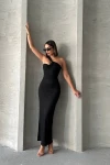 Siyah Tek Omuz Detaylı Maxi Boy Elbise BCHN-2525455
