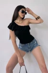 Siyah Tek Omuz Fırıfır Detaylı Bluz BCDF-251088
