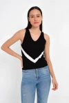 Siyah V Çizgili Askılı Triko Bluz CO-259206172