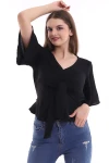 Siyah V Yaka Önü Bağlamalı Ayrobin Bluz CO-2521333910