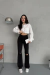 Siyah Wide Leg Yırtık Detaylı Geniş Paça Denim Jean BCNW-251379
