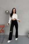 Siyah Wide Leg Yırtık Detaylı Geniş Paça Denim Jean BCNW-251379