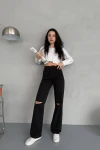 Siyah Wide Leg Yırtık Detaylı Geniş Paça Denim Jean BCNW-251379