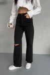 Siyah Wide Leg Yırtık Detaylı Geniş Paça Denim Jean BCNW-251379