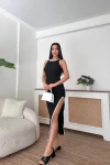 Siyah Yanı Biyeli Kaşkorse Uzun Elbise BCOR-252087
