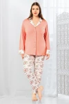 Somon Çiçek Desenli Önü Düğmeli Battal Pijama Takımı BCAN-258803FA