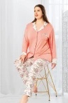 Somon Çiçek Desenli Önü Düğmeli Battal Pijama Takımı BCAN-258803FA