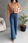 Taba Çift Cepli Crop Yıkamalı Denim Ceket BCDF-235401