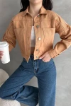 Taba Çift Cepli Crop Yıkamalı Denim Ceket BCDF-235401