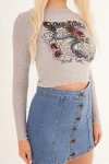 Taş Bisiklet Yaka Baskılı Pamuklu Crop Bluz CO-2523254245