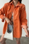 Turuncu Çift Cepli Yırtık Efektli Oversize Denim Gömlek Ceket BCDF-255411