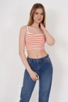 Turuncu İnce Askılı Çizgili Kaşkorse Crop Bluz CO-2523254291