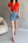 Turuncu Kruvaze Yaka Crop Bluz BCDF-252178