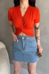 Turuncu Kruvaze Yaka Crop Bluz BCDF-252178