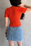 Turuncu Kruvaze Yaka Crop Bluz BCDF-252178