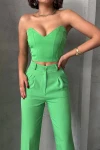 Yeşil Crop Bluz Ve Cepli Pantolon Dokuma Alt Üst Takım BCHN-2525212