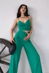 Yeşil İp Askılı Crop Bluz Ve Yırtmaç Detaylı Pantolon İkili Takım BCDF-251084