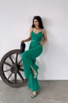 Yeşil İp Askılı Crop Bluz Ve Yırtmaç Detaylı Pantolon İkili Takım BCDF-251084