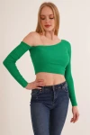 Yeşil Tek Omuz Dekolteli Uzun Kol Kaşkorse Bluz CO-2523254281
