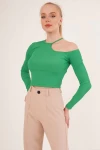 Yeşil Tek Omuz Yakası İpli Kaşkorse Crop Bluz CO-2523254279