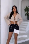Bej Bağlamalı Crop Muslin Dokuma Bluz BCBT-251005