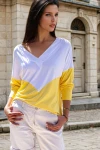 Beyaz Sarı V Yaka Color Block Yumuşak Dokulu Salaş Bluz BCBSK-25700-3167