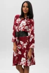 Bordo Çiçek Desenli Hafif Dokulu Gömlek Elbise BCBSK-25650-2164