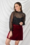 Bordo Parçalı Lastikli Kısa Kadife Etek CO-259474746