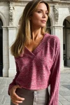 Bordo V Yaka Kendinden Dokulu Raglan Kol Crop Kazak BCBSK-25700-3327