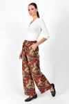 Bordo Yaprak Desen Bel Lastikli Cepli Dokuma Viskon Pantolon CO-259363131