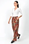 Bordo Yaprak Desen Bel Lastikli Cepli Dokuma Viskon Pantolon CO-259363131