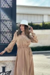 Camel Beli Lastikli Kruvaze Elbise BCBSK-25700-3431