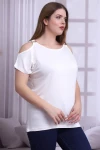 Ekru Omuzu Açık Halka Aksesuarlı Kısa Kol Büyük Beden Bluz CO-25B21399903