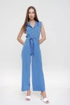 İndigo Yarım Patlı Beli Büzgülü Kemerli Bol Paça Tulum BCBSK-25700-3125