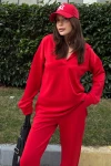 Kırmızı V Yaka Kapüşonlu Arkası Uzun Scuba Salaş Sweatshirt BCBSK-25700-3506