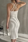 Krem Halter Yaka Sırtı Çapraz Bant Detaylı Triko Elbise BCDF-241067
