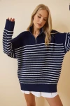 Lacivert Çizgili Oversize Fermuar Detaylı Dik Yaka Kazak BCBSK-25700-K7280