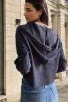 Lacivert Kendinden Dokulu Fermuarlı Kapüşonlu Crop Sweatshirt BCBSK-25700-3322