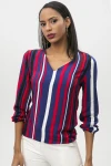 Lacivert Kırmızı V Yaka Çizgili Bluz BCBSK-25650-2243