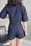 Lacivert V Yaka Kısa Kol Jean Bluz Ve Jean Şort Etek Alt Üst Takım BCDF-253606