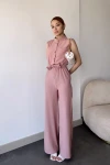 Pudra Yarım Patlı Beli Büzgülü Kemerli Bol Paça Tulum BCBSK-25700-3125