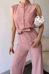 Pudra Yarım Patlı Beli Büzgülü Kemerli Bol Paça Tulum BCBSK-25700-3125